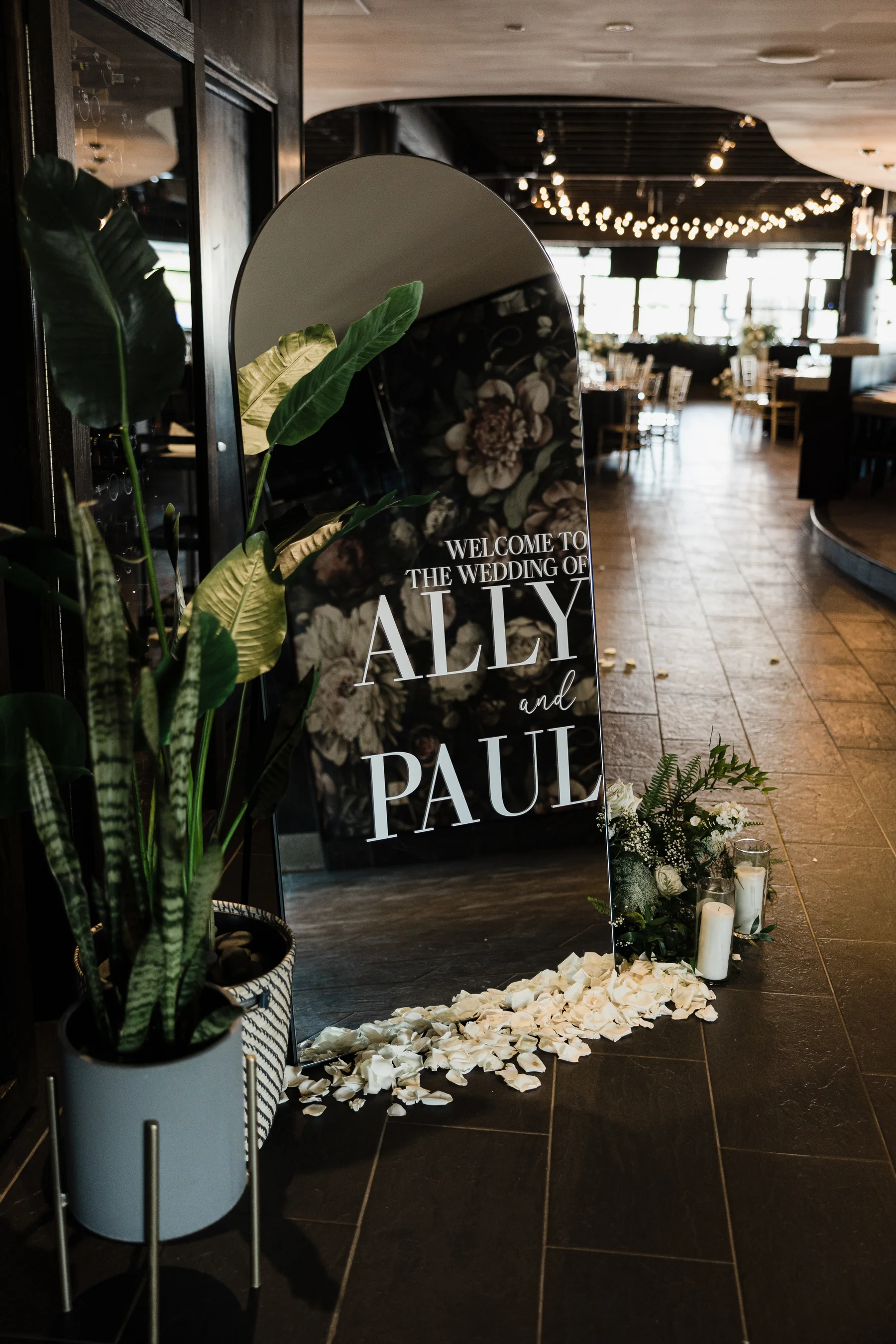A wedding reception set up in Lago's main waterfront room
